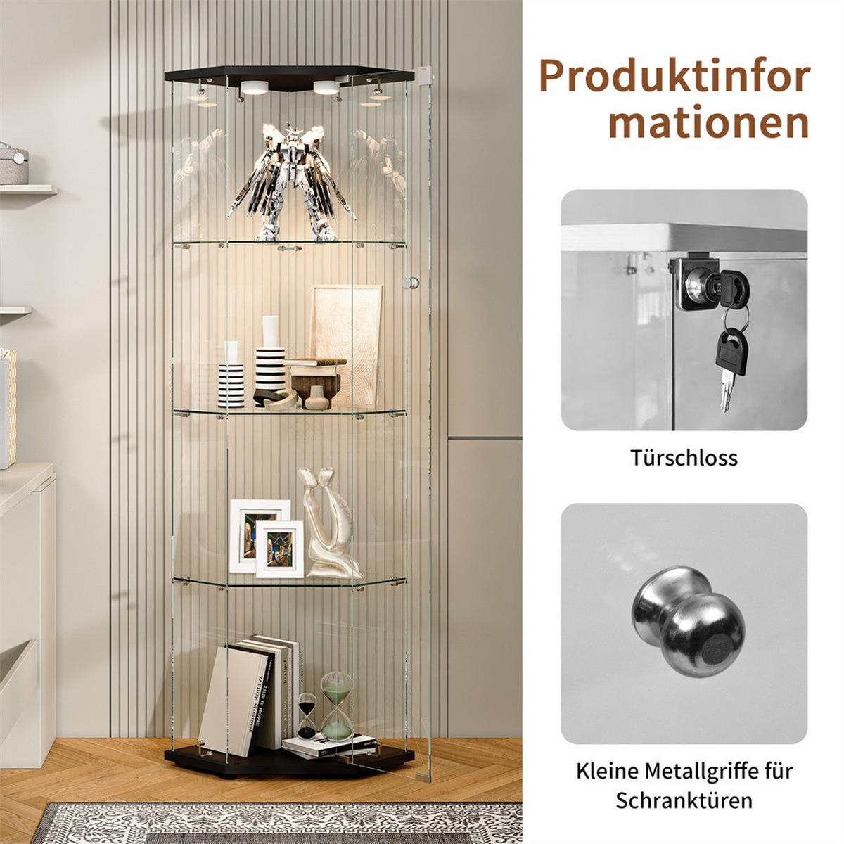 VITRINE mit LED Beleuchtung - Eckvitrine mit 4 Ebenen und 1 Tür - Glaskvitrine mit Schloss - Schwarz - Schwarz, Glas (60/162/42.5cm) - DELFA