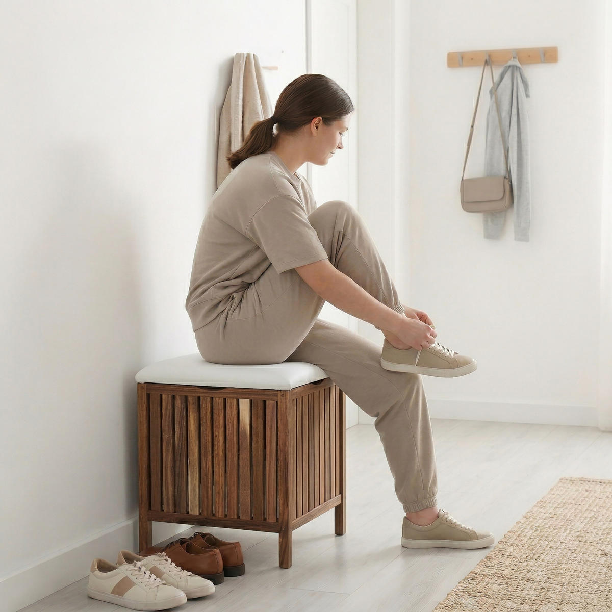 TVÄTTKORG Brun Vit i akaciaträ med sittdyna - Brun, Trä/Textil (40/50/40cm) - Relaxdays
