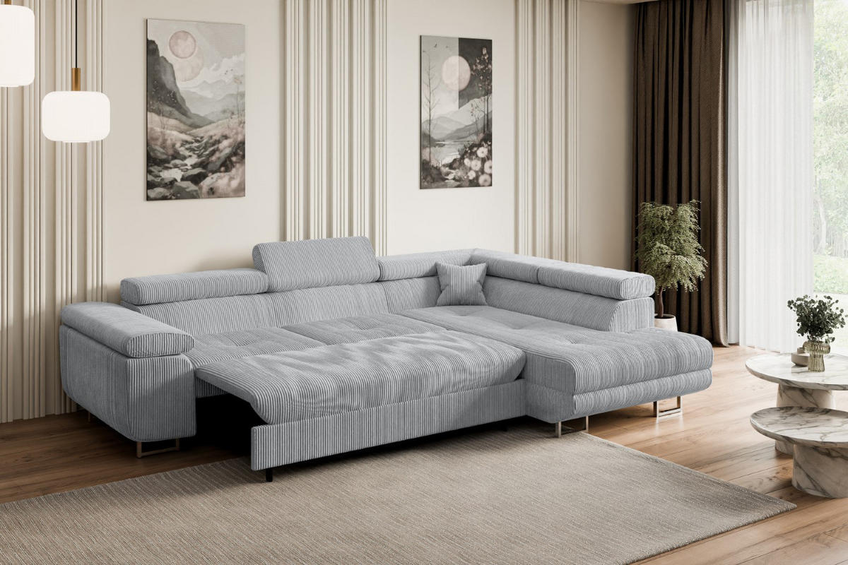 ECKSOFA mit Schlaffunktion und Bettkasten GUSA-L 272x202x107 cm Grau Cord - Silberfarben/Grau, Holzwerkstoff/Textil (272/202cm) - ALTDECOR