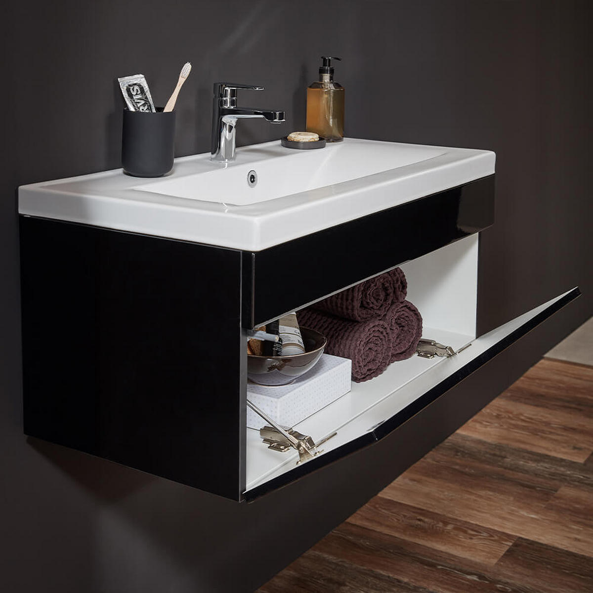 BADMÖBEL Komplettset WANGEROOGE BIG S - Schwarz Made in Germany - Schwarz, Holz/Keramik (33/41/80cm) - Home Deluxe