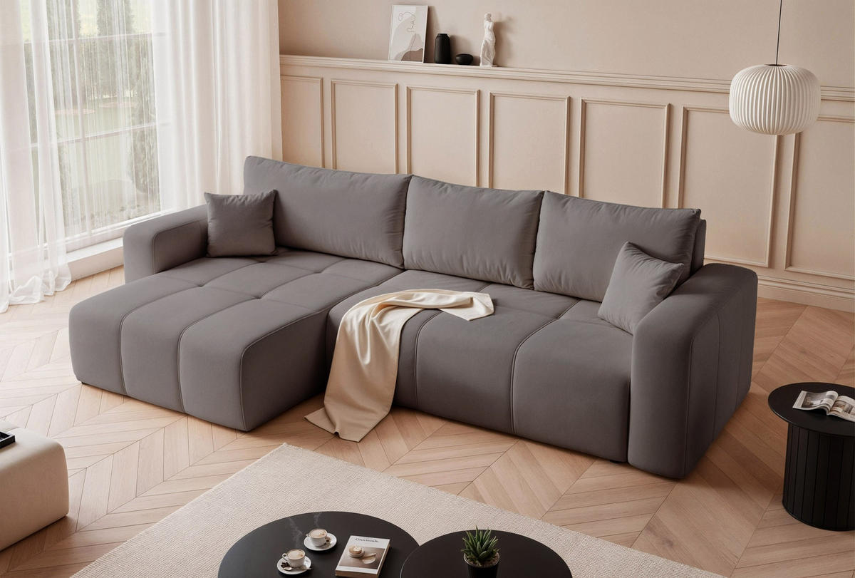 ECKSOFA XL Velours mit Bettkasten und Schlaffunktion - Dunkelgrau, Holzwerkstoff/Textil (278/145cm) - Idohome