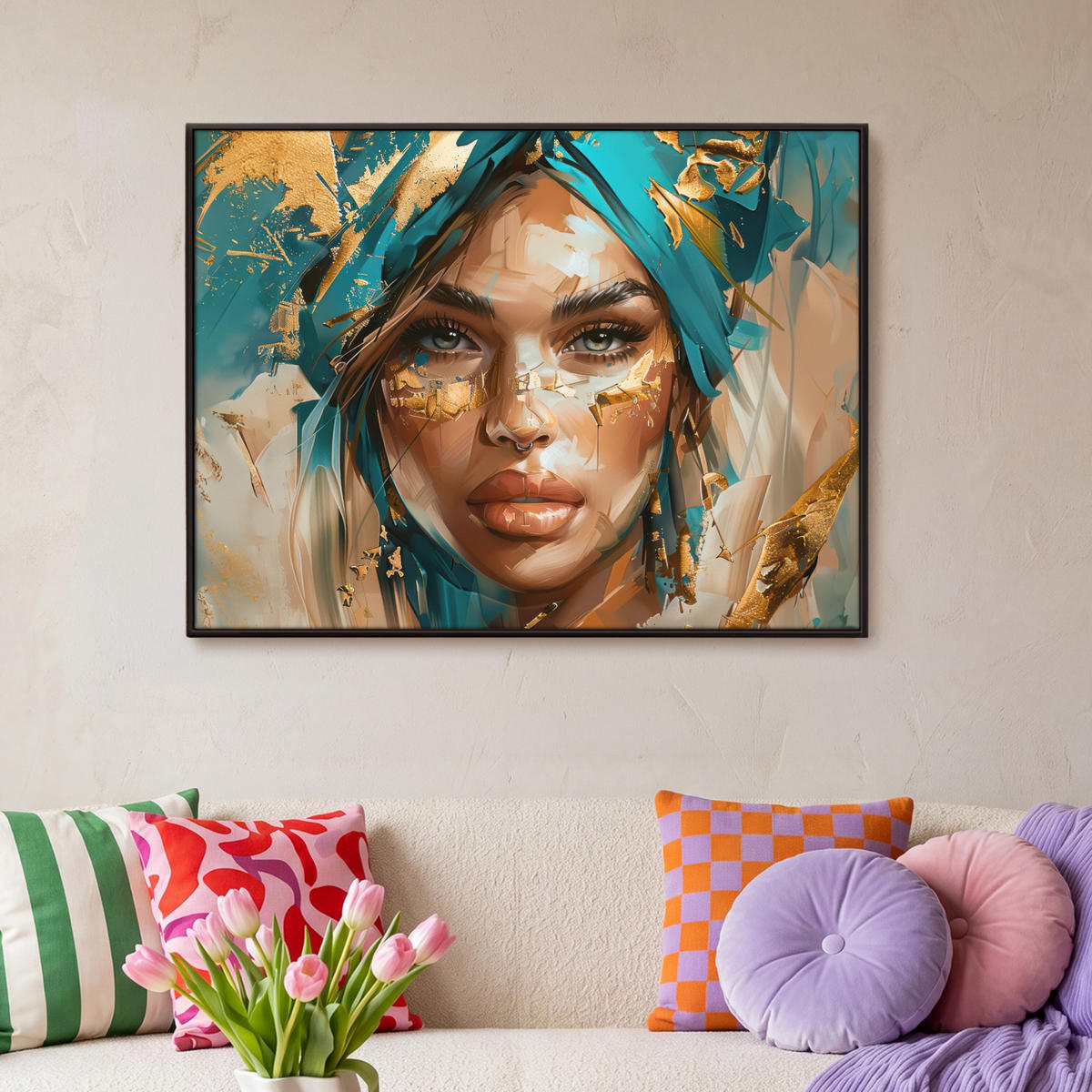 LEINWAND Bilder mit Rahmen - Frau - Porträt - Gold - Luxus - Blau - 100x70 - Türkis, Textil (100/70cm) - MuchoWow