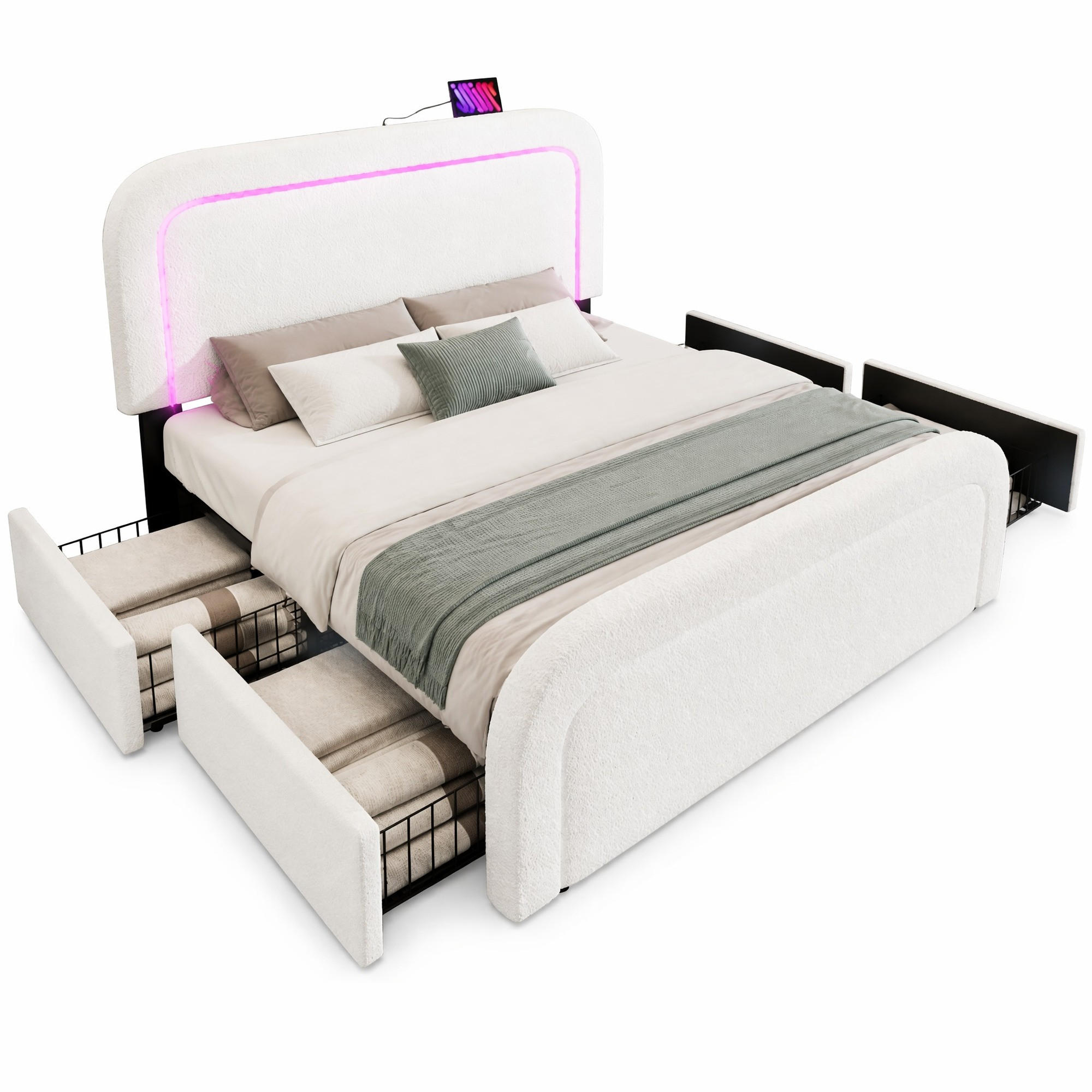 POLSTERBETT 160/200 mit LED, 4 Schubladen und USB-C-Ladefunktion - Weiß, Holzwerkstoff/Textil (160/200cm) - EVRYAE