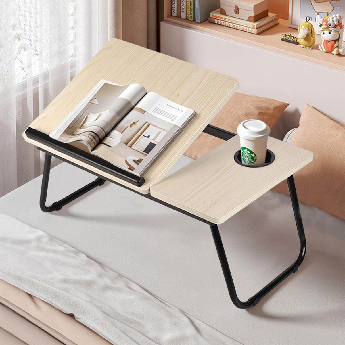 LAPTOPTISCH Betttisch aus MDF Metal in Weiß-Ahornoptik mit Getränkehalter Verstellbarer klappbarer 56x32,5x24 cm - Naturfarben, Metall (32.5/56/24cm) - Livingandhome