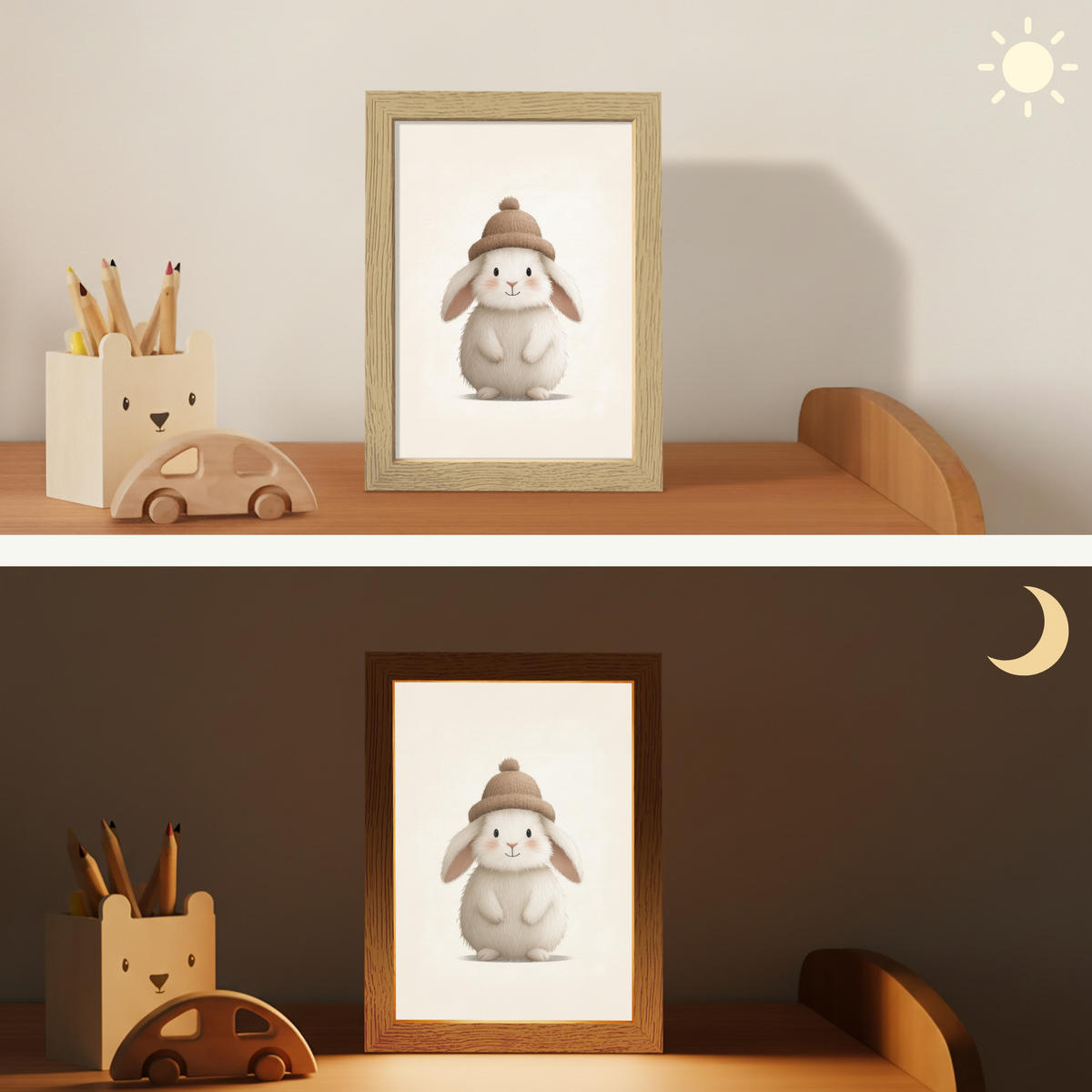 NACHTTISCHLAMPE Kaninchen - Hut - Ohren - Beige 15x20 cm - Creme, Holzwerkstoff (8/15/20cm)