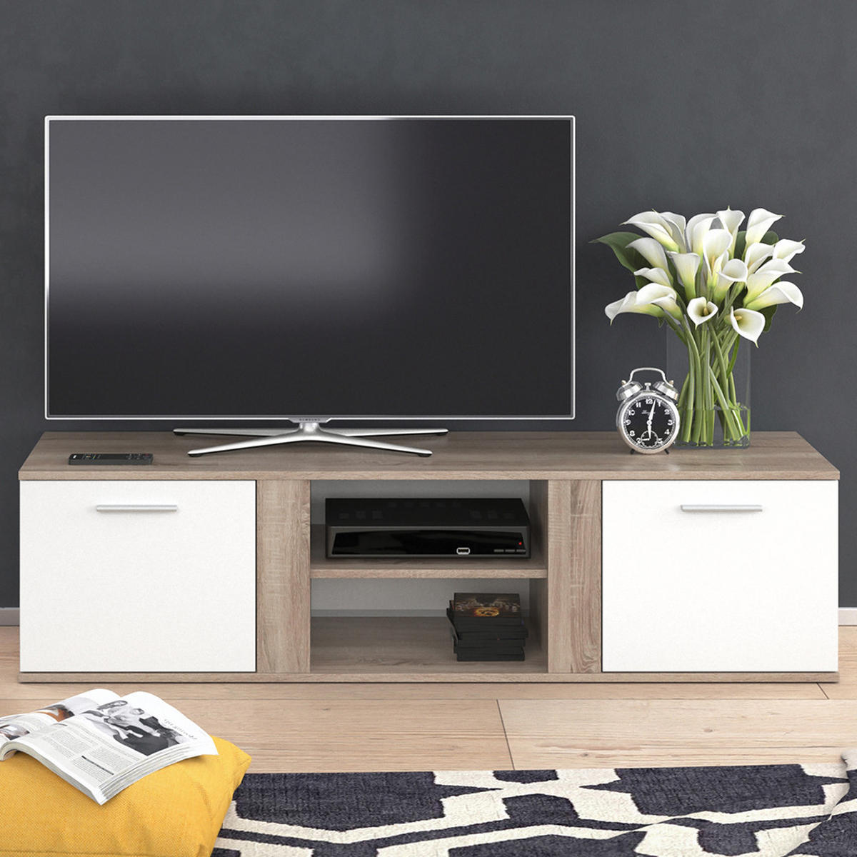 LOWBOARD Novelli Sonoma 155 x 41 cm - Weiß/Sonoma Eiche, Holzwerkstoff (155/41/40cm) - Vicco