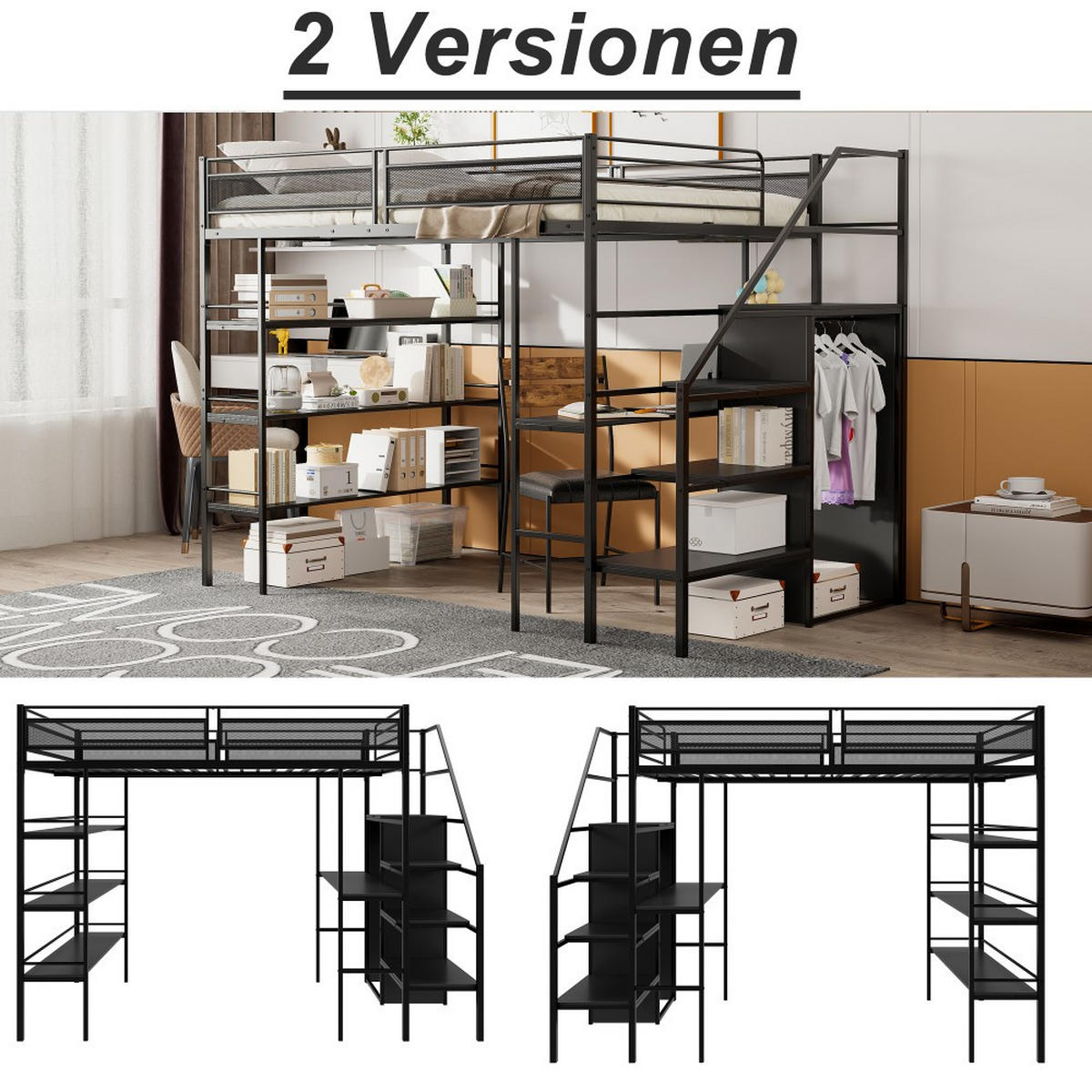 HOCHBETT 140x 200cm mit Schreibtisch in Schwarz - Schwarz, Metall (140/200cm) - KOMHTOM