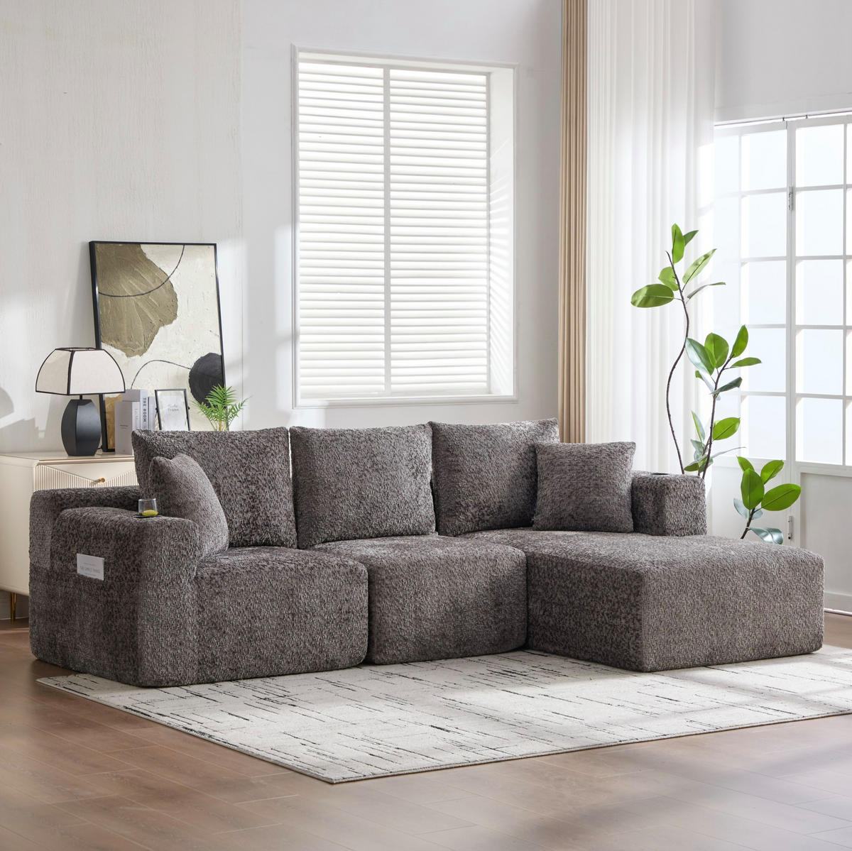 ECKSOFA 261/165/80,5 cm mit Getränkehaltern, tiefer Sitzfläche und Chenille-Bezug, Dunkelgrau - Dunkelgrau, Textil (261/165cm) - Redom