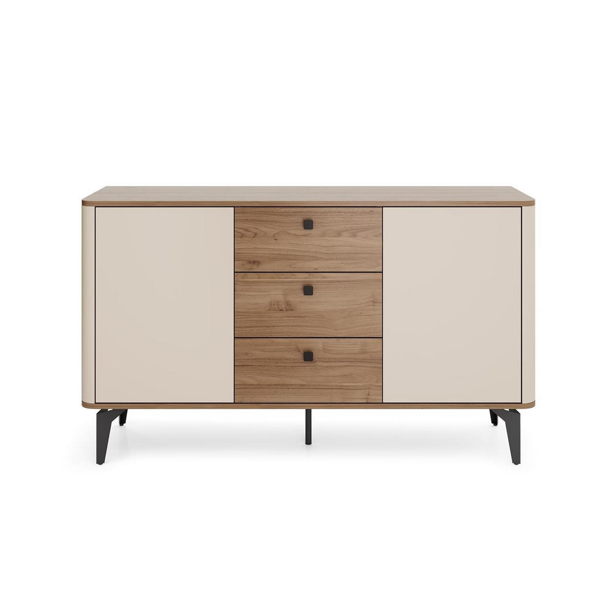 SIDEBOARD Aurena Kaschmir und Walnuss, Kommode mit 3 Schubladen und 2 Türen - Beige/Schwarz, Holzwerkstoff/Metall (88/81/40cm) - Bettso