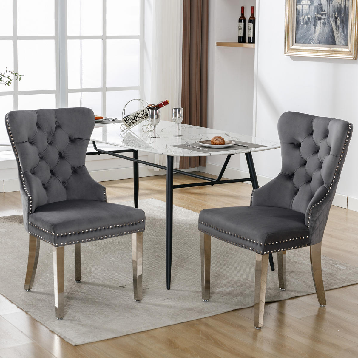 ESSZIMMERSTUHL 2er-Set mit Samtpolsterung, Massivholz-Metall-Gestell und Pin-Kopf Dekoration im modernen Design, grau - Grau, Textil (62.5/94.5/53cm) - Luhomfu