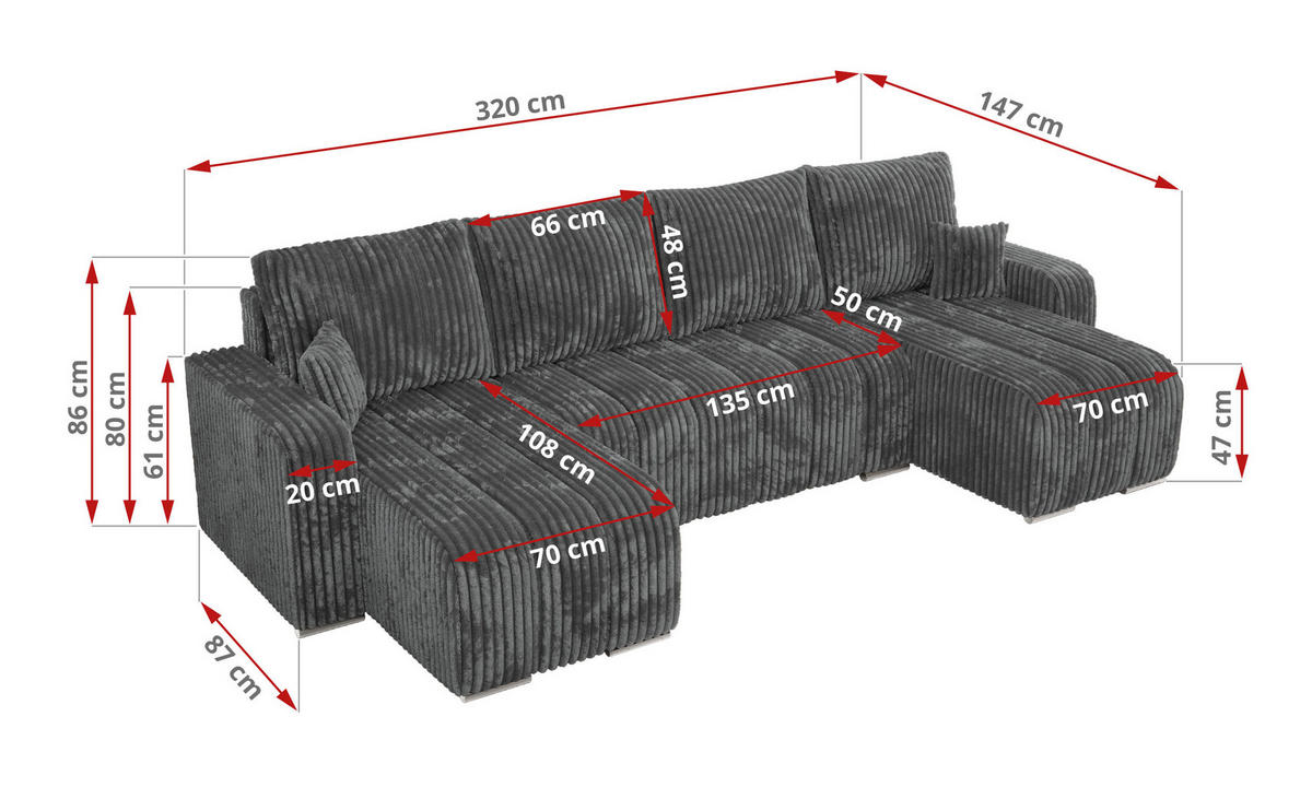 WOHNLANDSCHAFT KIRASSO U Dunkelgrau Cord - Dunkelgrau/Grau, Textil/Metall (320/86/147cm) - MKS