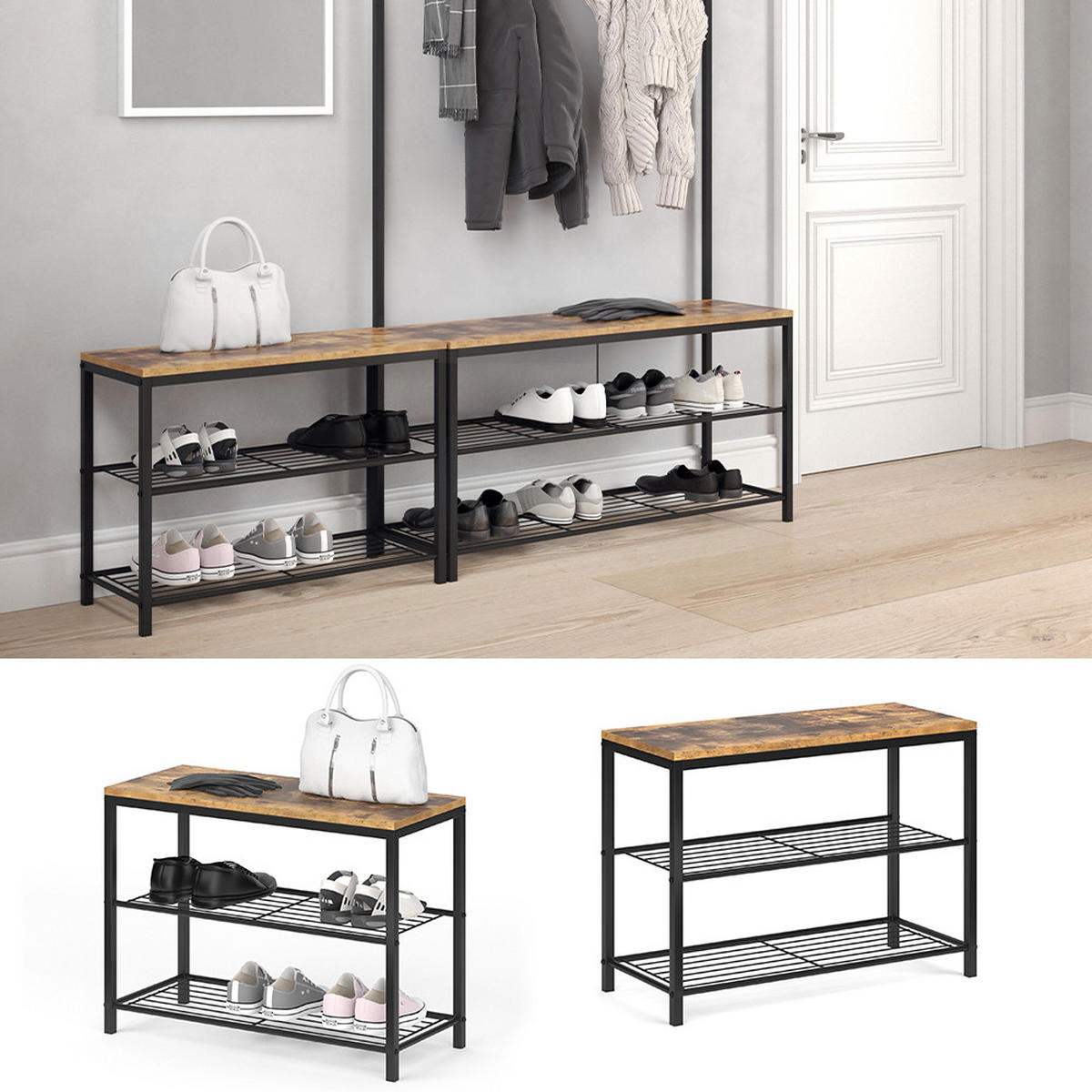 SCHUHBANK Fyrk Antikholz 70 x 51.5 cm - Alteiche/Schwarz, Holzwerkstoff (70/51.5/30cm) - Vicco