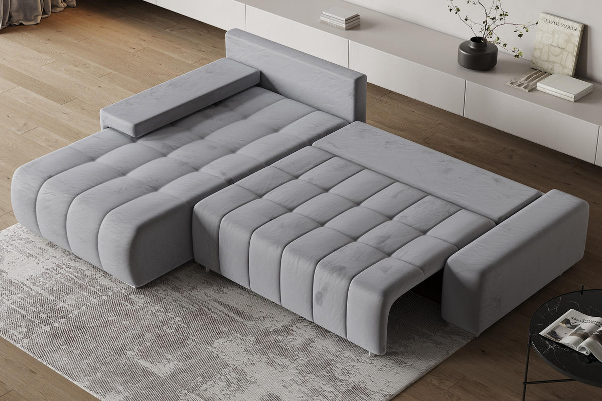 ECKSOFA ALESE L-S Hellgrau Velours-Stoff mit Schlaffunktion - Hellgrau, Holz (265/185cm) - MASSENO