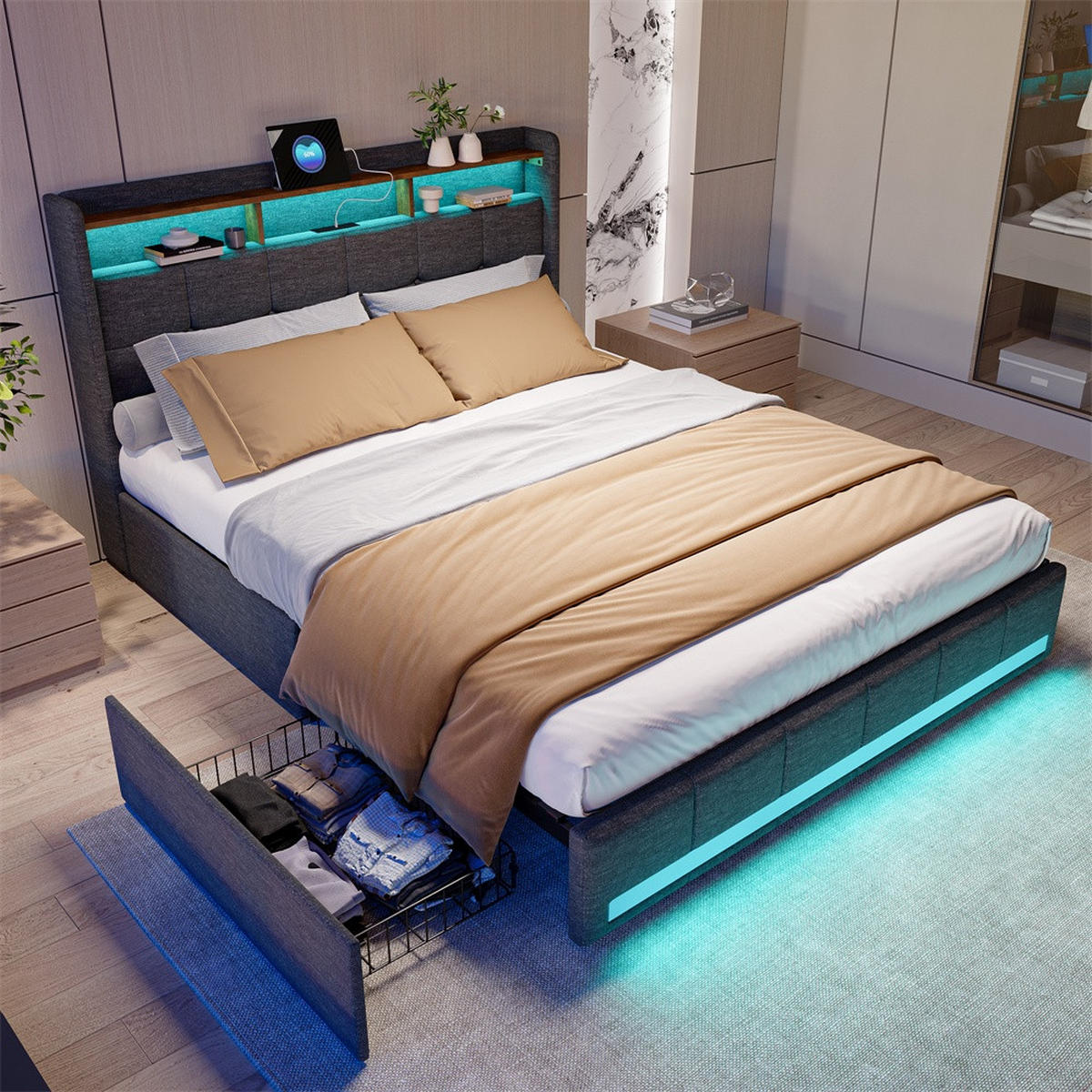 POLSTERBETT 140x200cm - Doppelbett mit 4 Schubladen - RGB-LED-Beleuchtung Ladestation - ohne Matratze - Grau - Grau, Textil (140/200cm) - DELFA