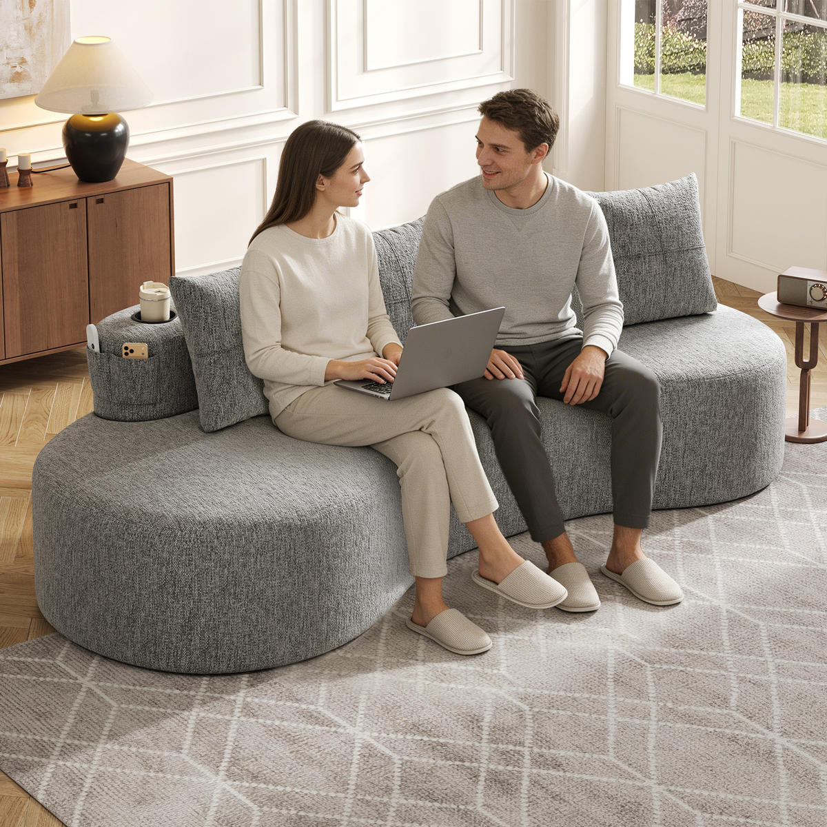 SOFA Leinen Hellgrau Mit Becherhalter, Seitentaschen Und 4 Kissen - Hellgrau, Textil (240/63/109cm) - WISHDOR