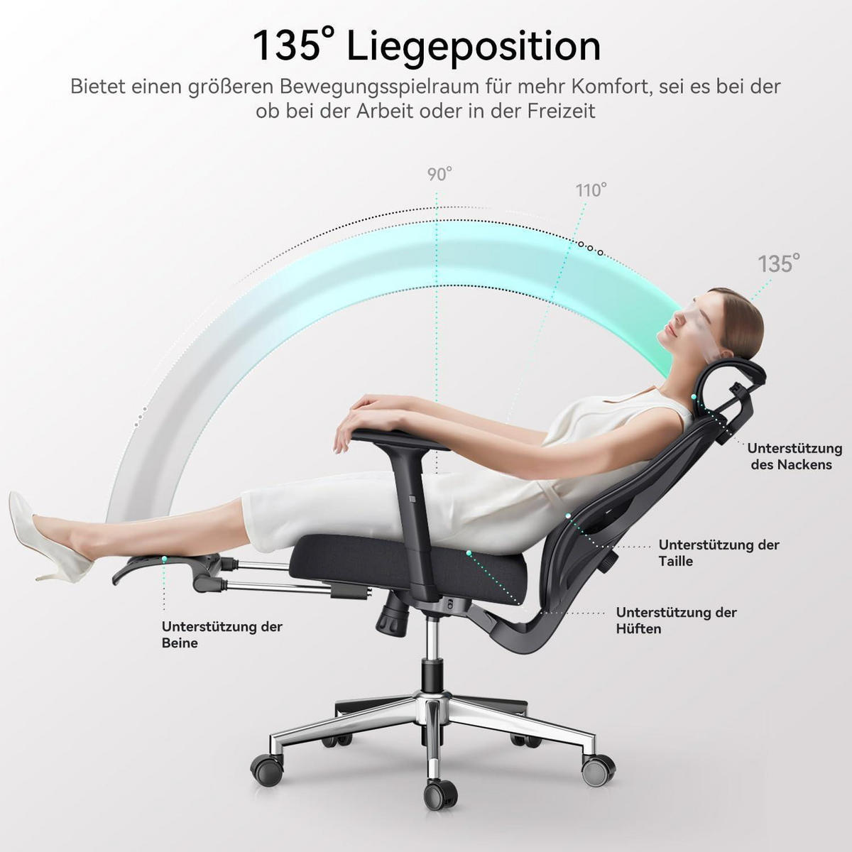 BÜROSTUHL P5 mit Lordosenstütze und Fußstütze Schwarz - Schwarz, Kunststoff (65/107/42cm)