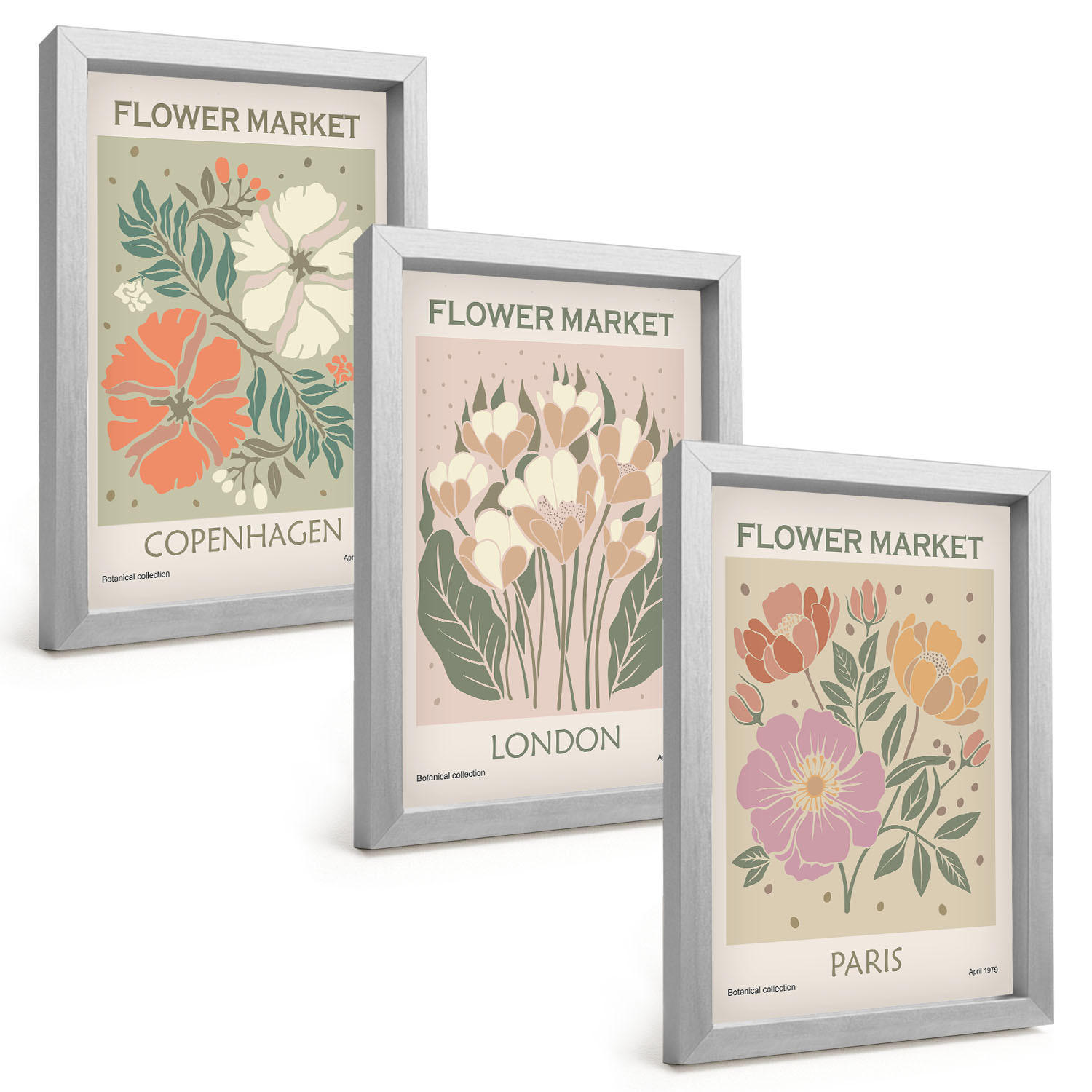 BILDER SET 3er Set - 20x30 cm Silberner Rahmen - Blumenposter Kopenhagen London Paris - Silberfarben, Kunststoff (20/30cm) - TULUP