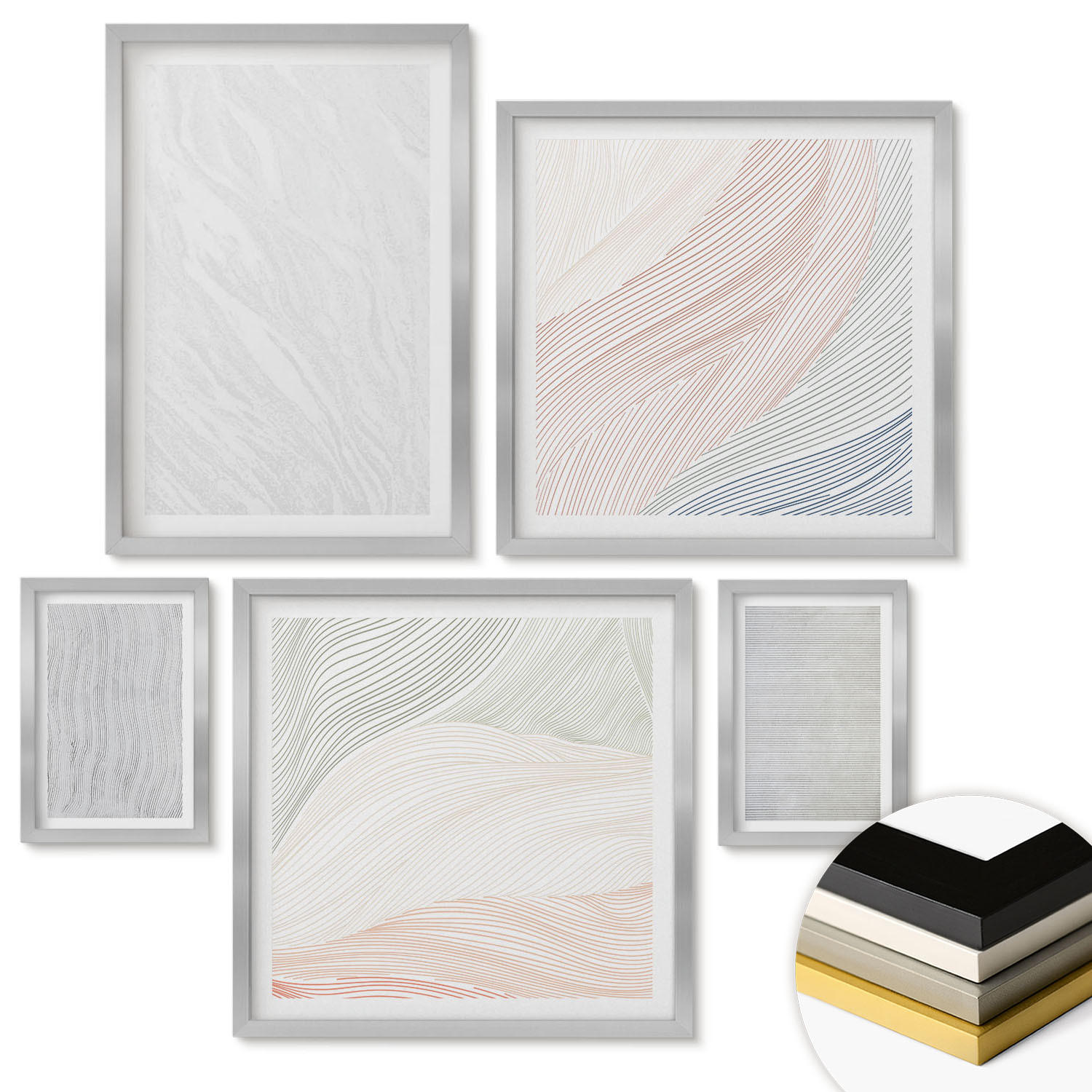 WANDBILDER 5er Set - 50x50 cm & 20x30 cm & 40x60 cm Silberner Rahmen - Leuchtende Strukturen, Sandmuster - Silberfarben, Kunststoff (40/60cm) - ArtPrintCave