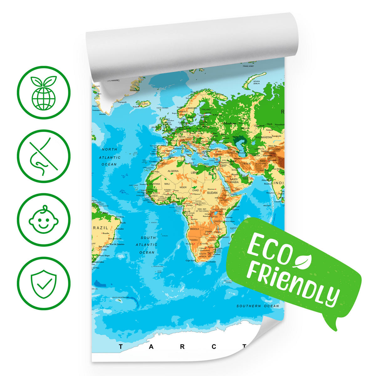 FOTOTAPETE für Wohnzimmer Physische Weltkarte Schriften 150x105 - Blau/Gelb, Papier (150/105cm) - Muralo