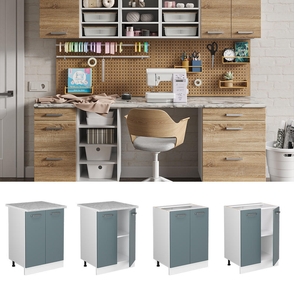 UNTERSCHRANK R-Line Blau-Grau 60 cm mit Türen, mit Arbeitsplatte - Blaugrau/Weiß, Holzwerkstoff (60/81.6/60cm) - Vicco