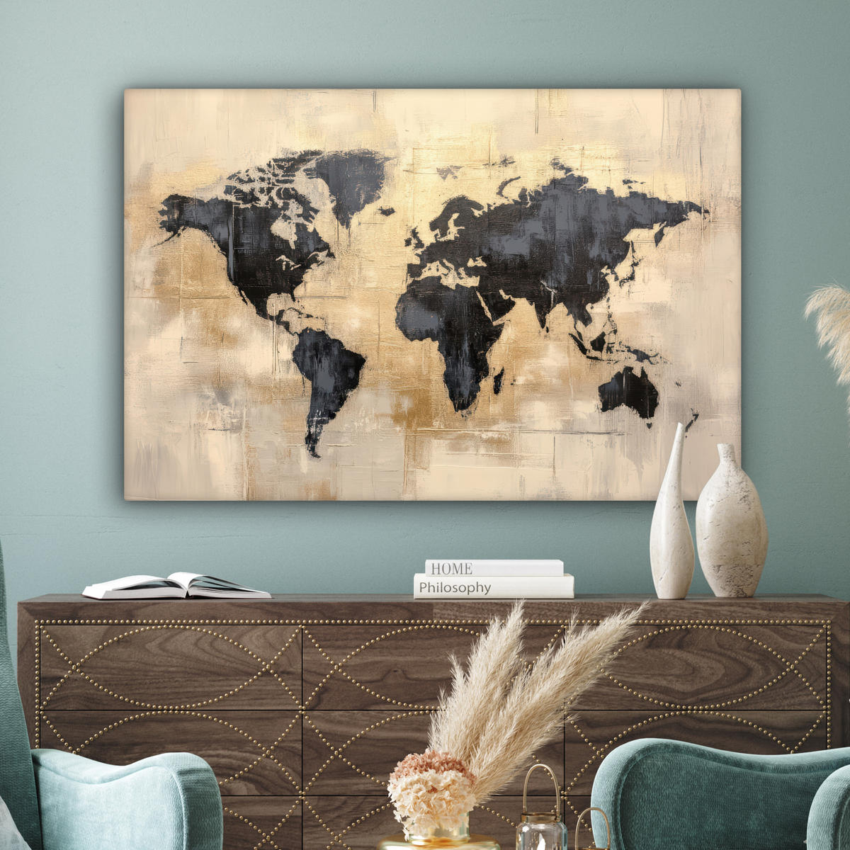 LEINWANDBILD Weltkarte - Gold - Schwarz - Abstrakt XXL 150x100 cm - Kupferfarben, Textil (150/100cm) - MuchoWow