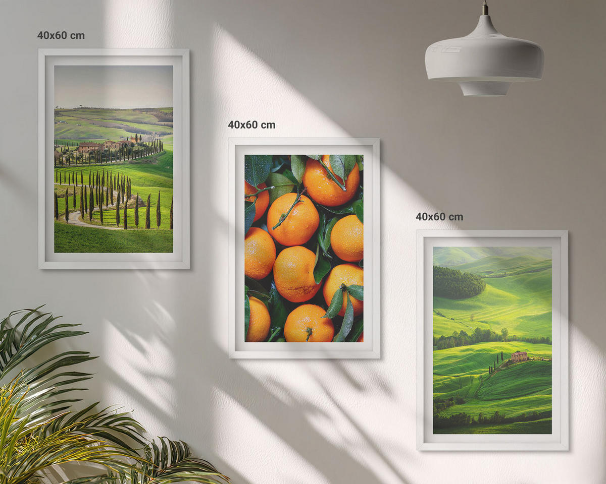 WANDBILDER 3er-Set - 40x60 cm Weißer Rahmen - Italienische Landschaft mit Orangen - Weiß, Kunststoff (40/60cm) - ArtPrintCave