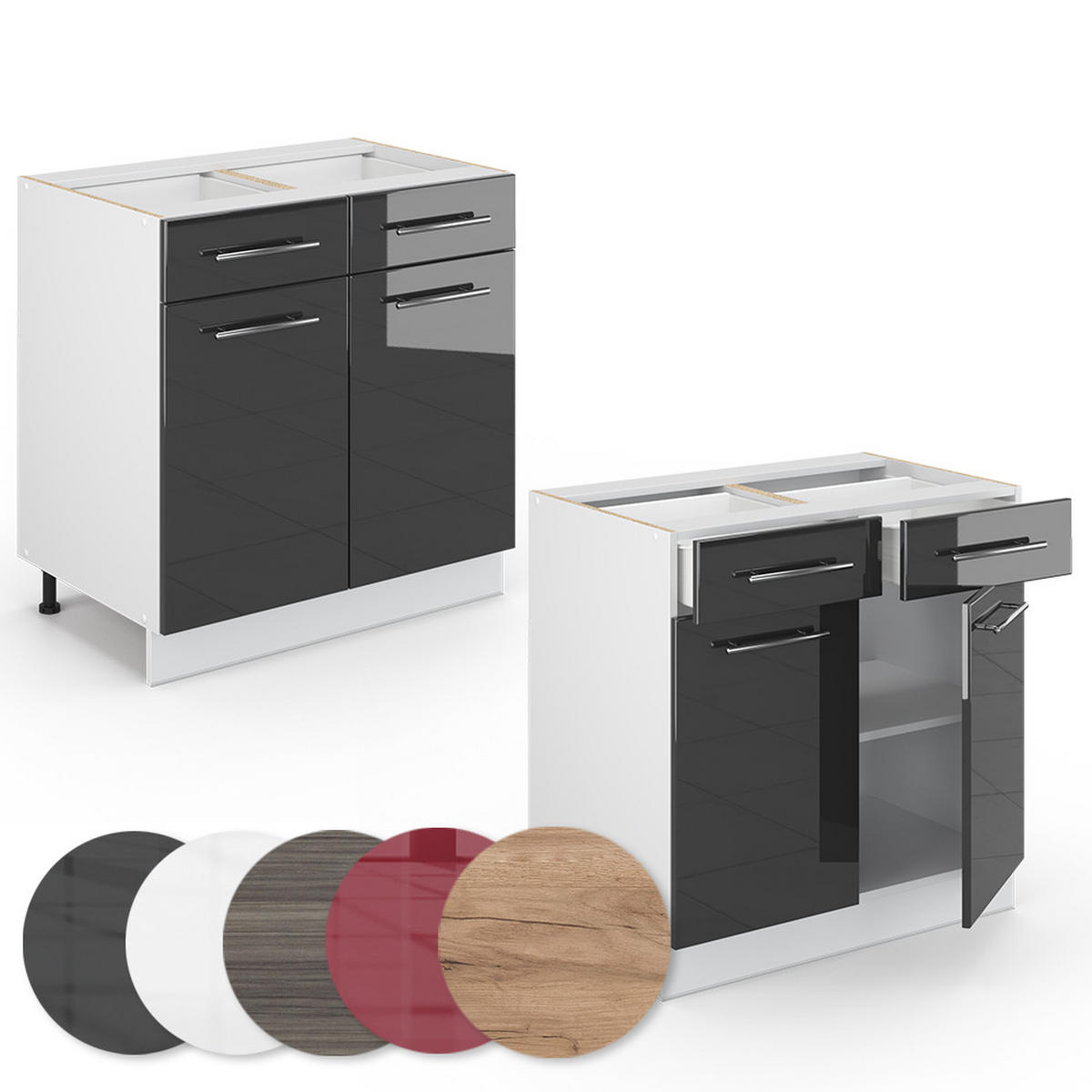 KÜCHENUNTERSCHRANK Fame-Line Anthrazit Hochglanz 80 cm mit Schubladen ohne AP - Schwarz Hochglanz/Weiß, Holzwerkstoff (80/82/51.6cm) - Vicco