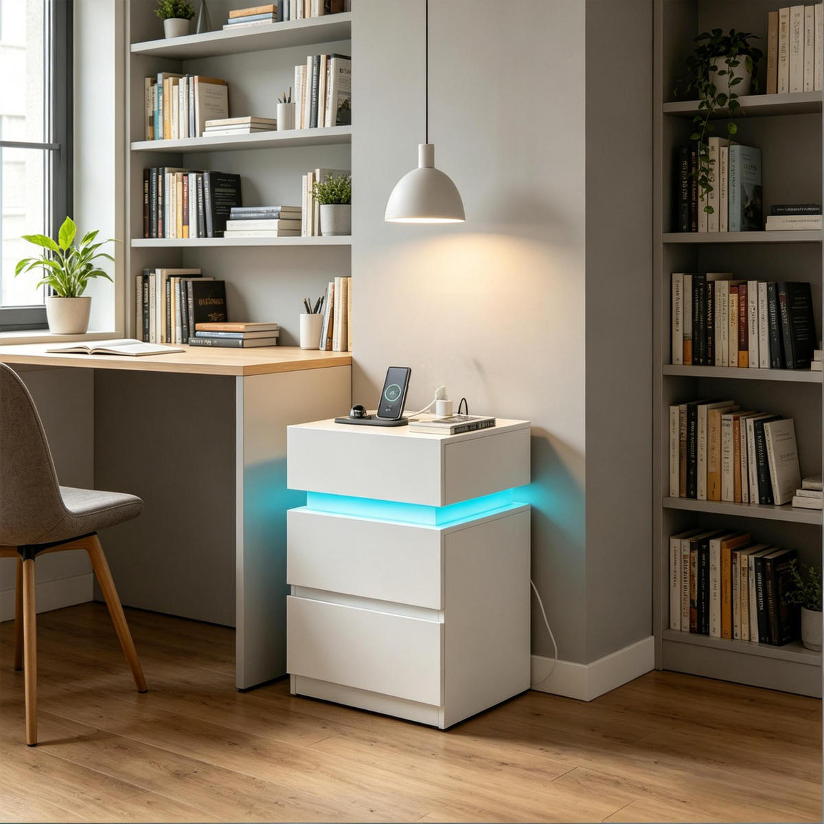NACHTTISCH 40/55/35 cm Weiß aus Holz mit LED-Beleuchtung 2er Set - Weiß, Holzwerkstoff (35/55/40cm) - OKMYHOME