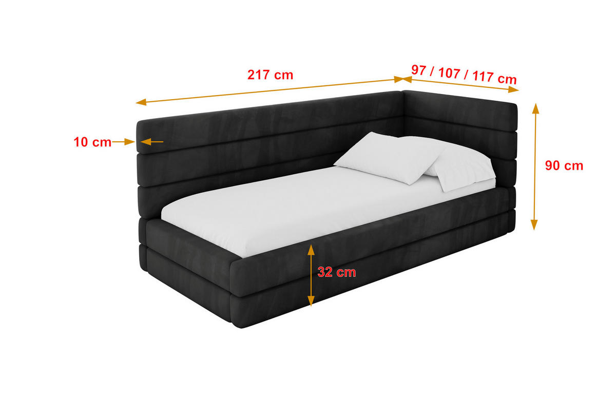 EINZELLBETT Jugendbett mit Bettkasten, Links - BEMY 90x200 Schwarz - Schwarz, Holzwerkstoff/Textil (90/200cm) - ALTDECOR