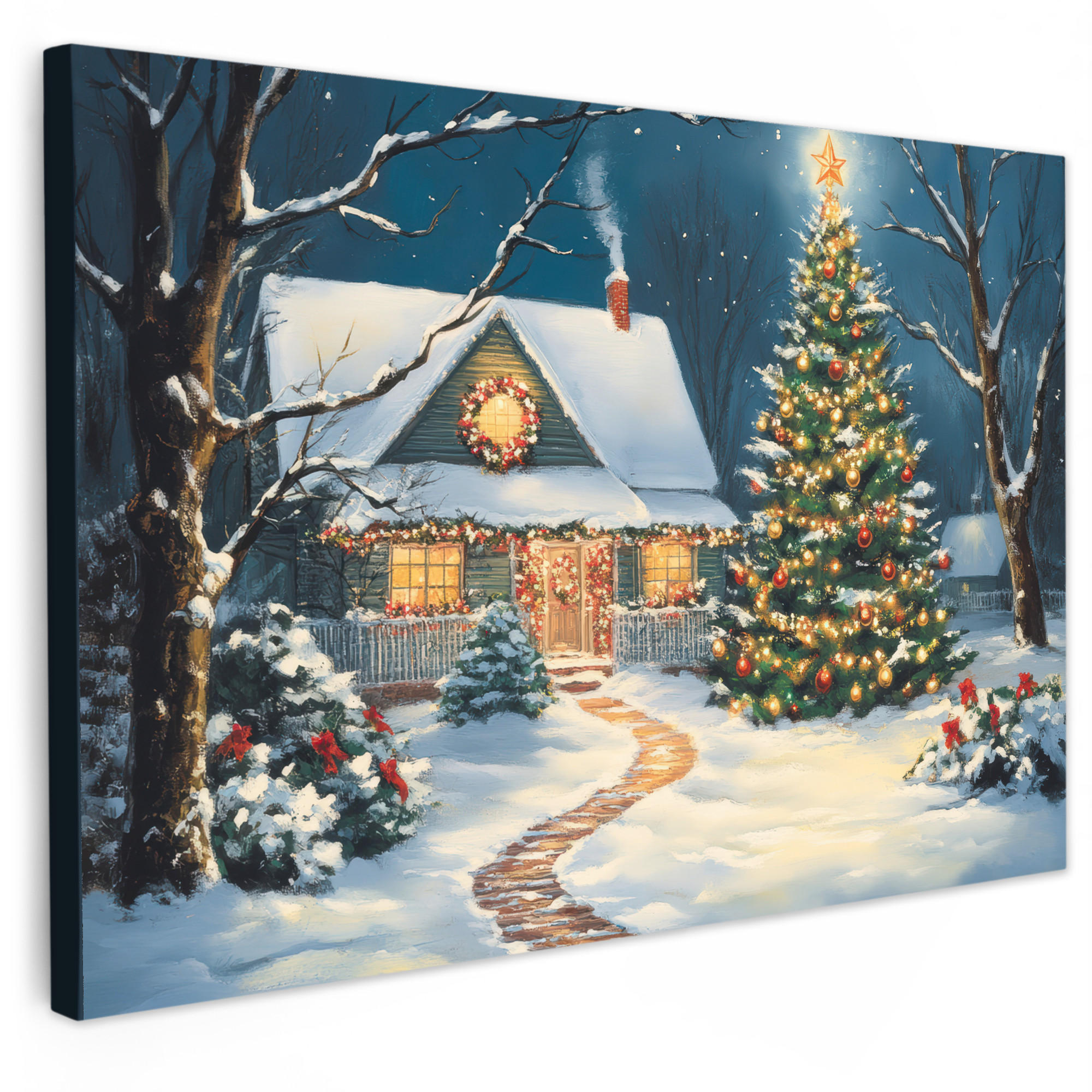 MuchoWow OBRAZ NA PLÁTNĚ Vánoce - Vánoční stromek - Zima - Domov - Sníh 90x60 cm