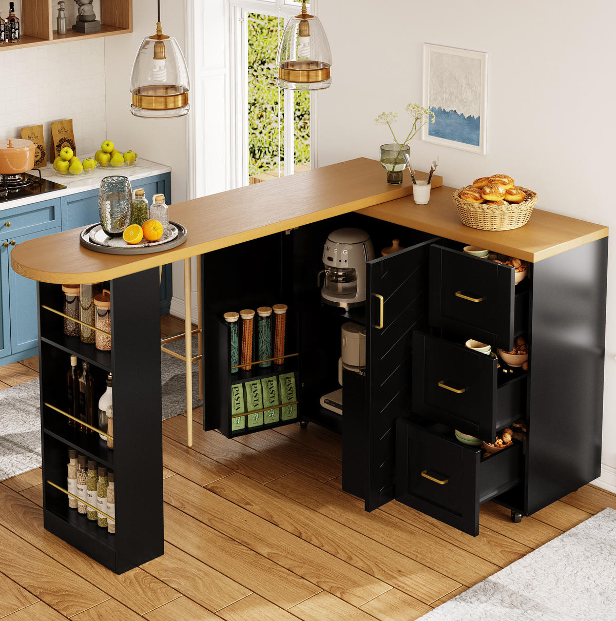 KÜCHENINSEL aus MDF und Metall 135-228x39x104 cm Schwarz mit Holzoptik, ausziehbar, rollbar und mit viel Stauraum - Schwarz, Holzwerkstoff (39/104/135cm) - Modfu