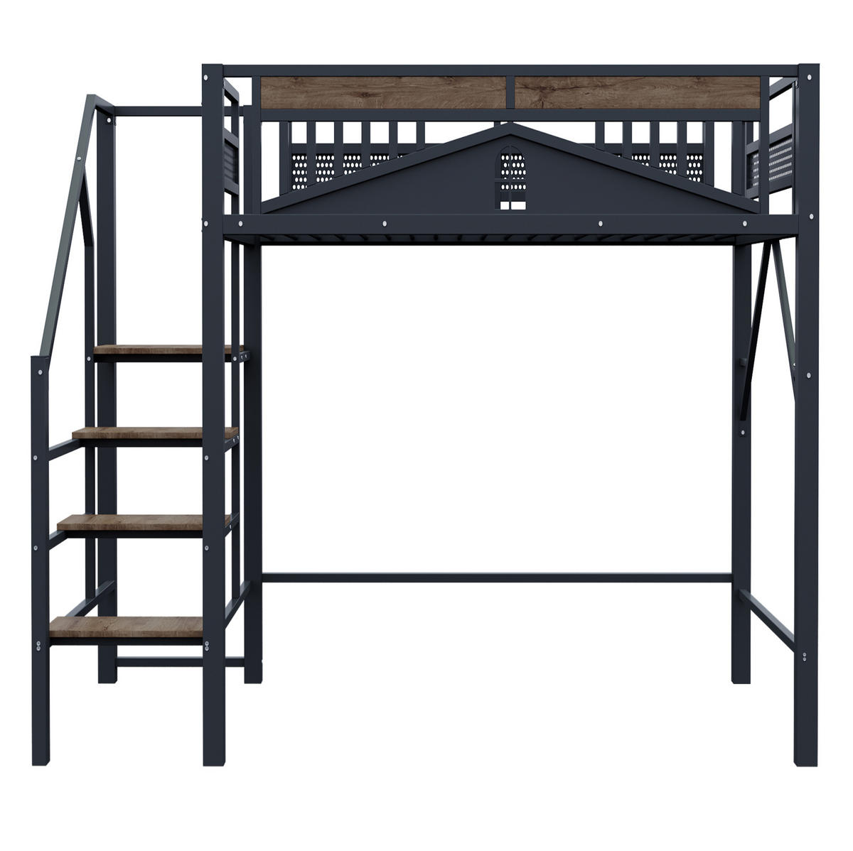 HOCHBETT 140/200 cm aus Metall/Holz mit Fensterdesign und Stauraumleiter Schwarz - Schwarz, Metall (140/200cm) - Modenvie