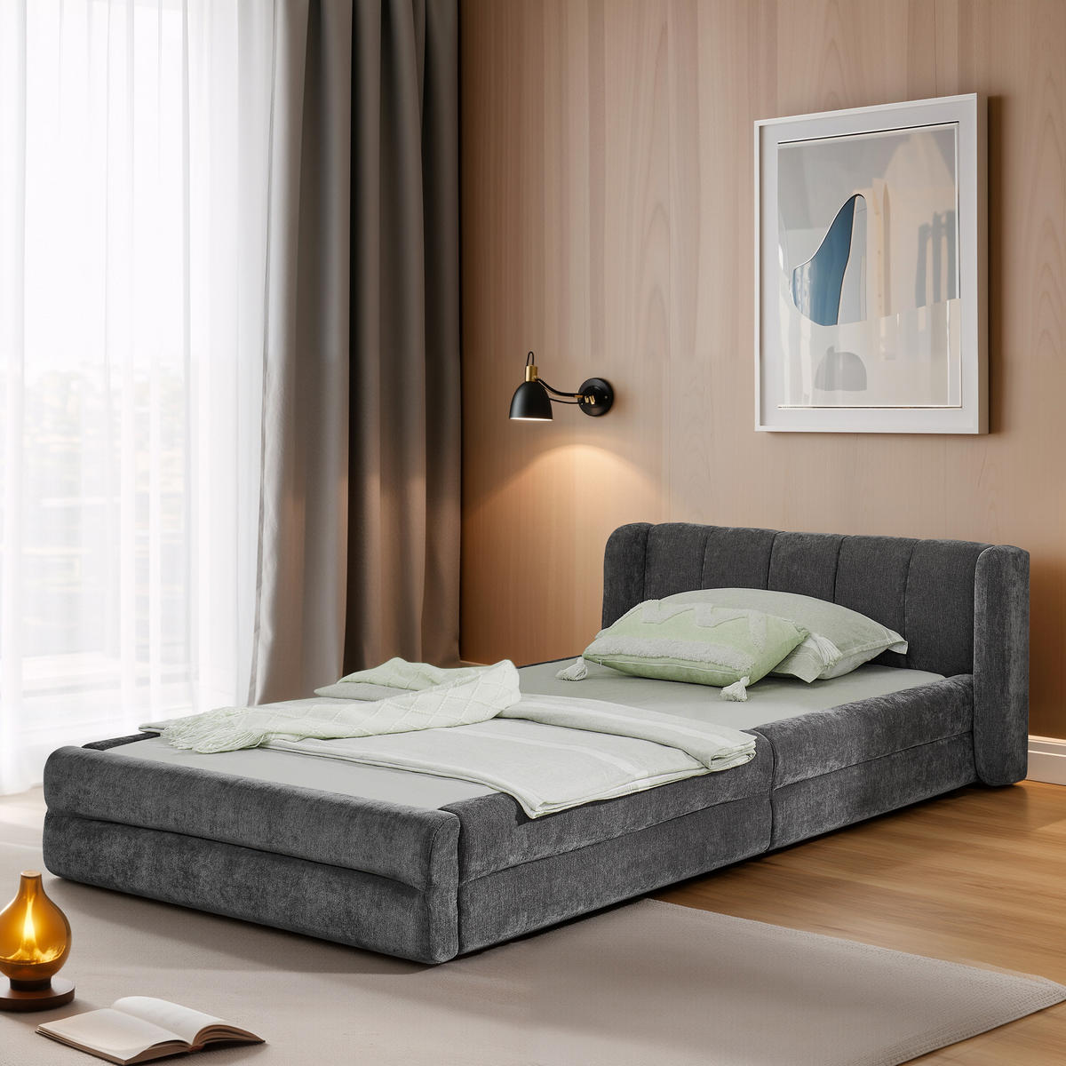 EINZELBETT 90x200 cm Chenille Rückenlehne grau - Dunkelgrau, Kunststoff (90/200cm) - LEBENLANG