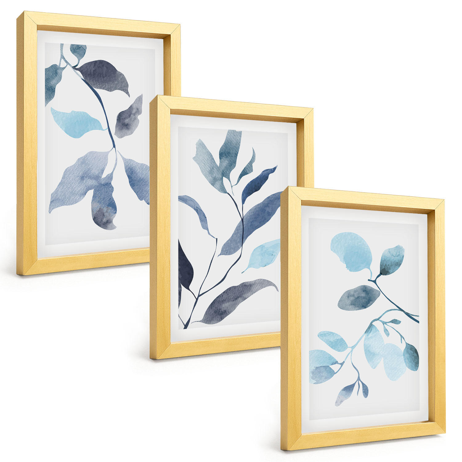 BILDER SET 3er Set - 20x30 cm Goldrahmen - Aquarell von blauen Blättern - Goldfarben, Kunststoff (20/30cm) - TULUP