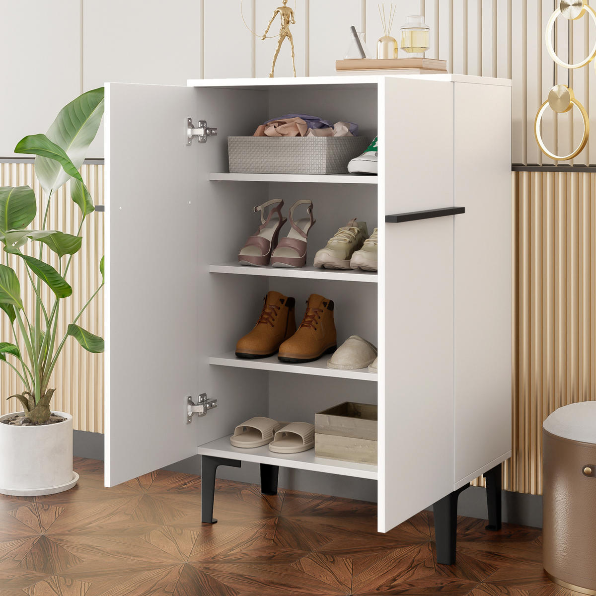 SCHUHSCHRANK 60/34,5/95 cm in Weiß mit Doppeltüren und verstellbaren Einlegeböden - Weiß, Holzwerkstoff (60/95/34.5cm) - Flora Grace