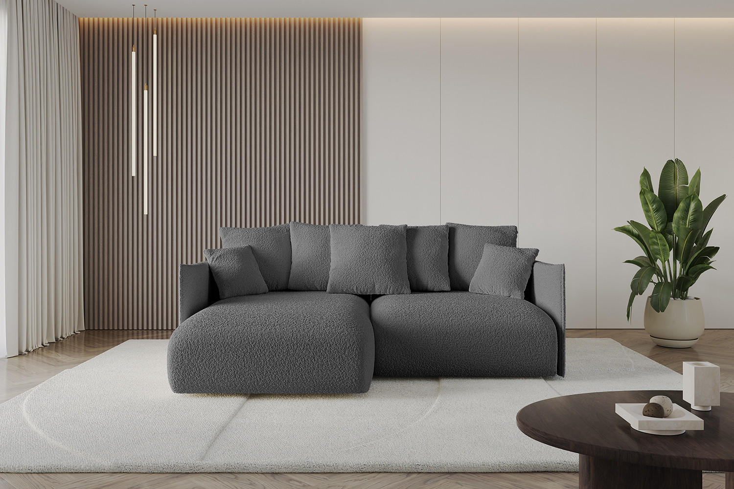 ECKSOFA mit Schlaffunktion und Bettkasten ONESK-L 208x165x40 Grau Bouclé - Grau, Holzwerkstoff/Kunststoff (208/165cm) - ALTDECOR