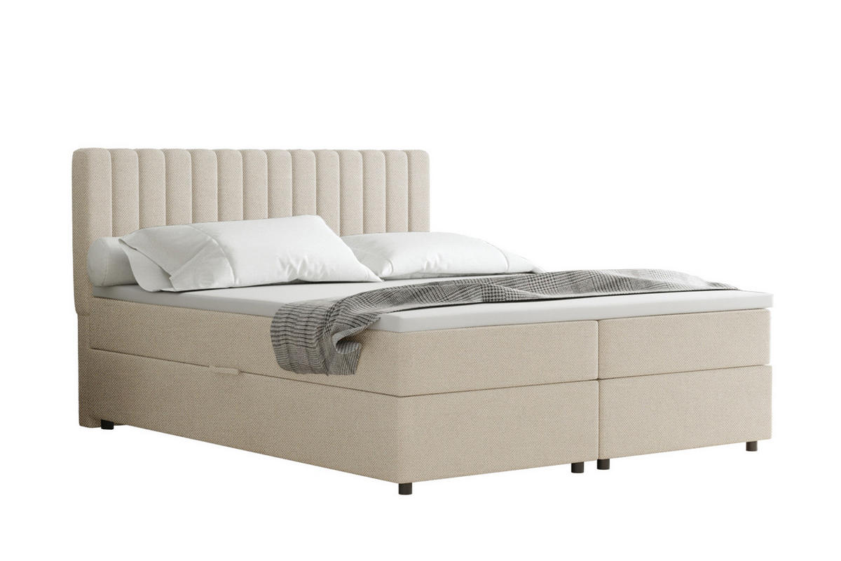 BOXBETT Everest beige 160 x 200 cm Doppelbett mit hochwertiger Bonell-Matratze und Topper - Creme, Holz (160/200cm) - Panda Möbel