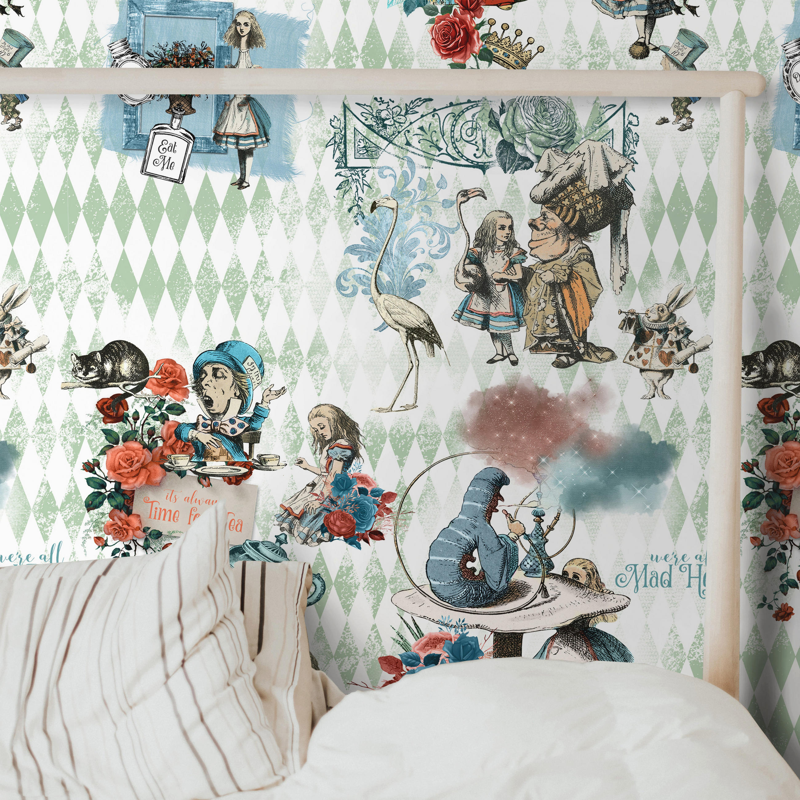 TAPETE Alice aus echtem Papier, 200x280cm, 8 Bögen - Grün, Papier (200/280cm) - WALLPAPERS4BEGINNERS
