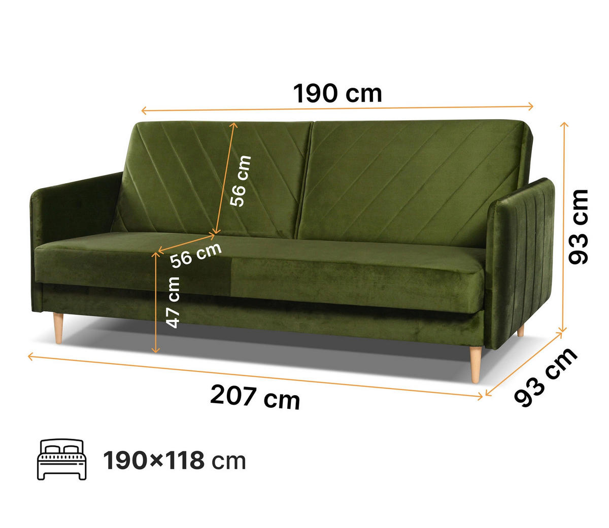SCHLAFSOFA Vesto Olive Velours - Bettkasten - 207x93 cm - Olivgrün, Holz/Holzwerkstoff (207/93/93cm) - Ravio