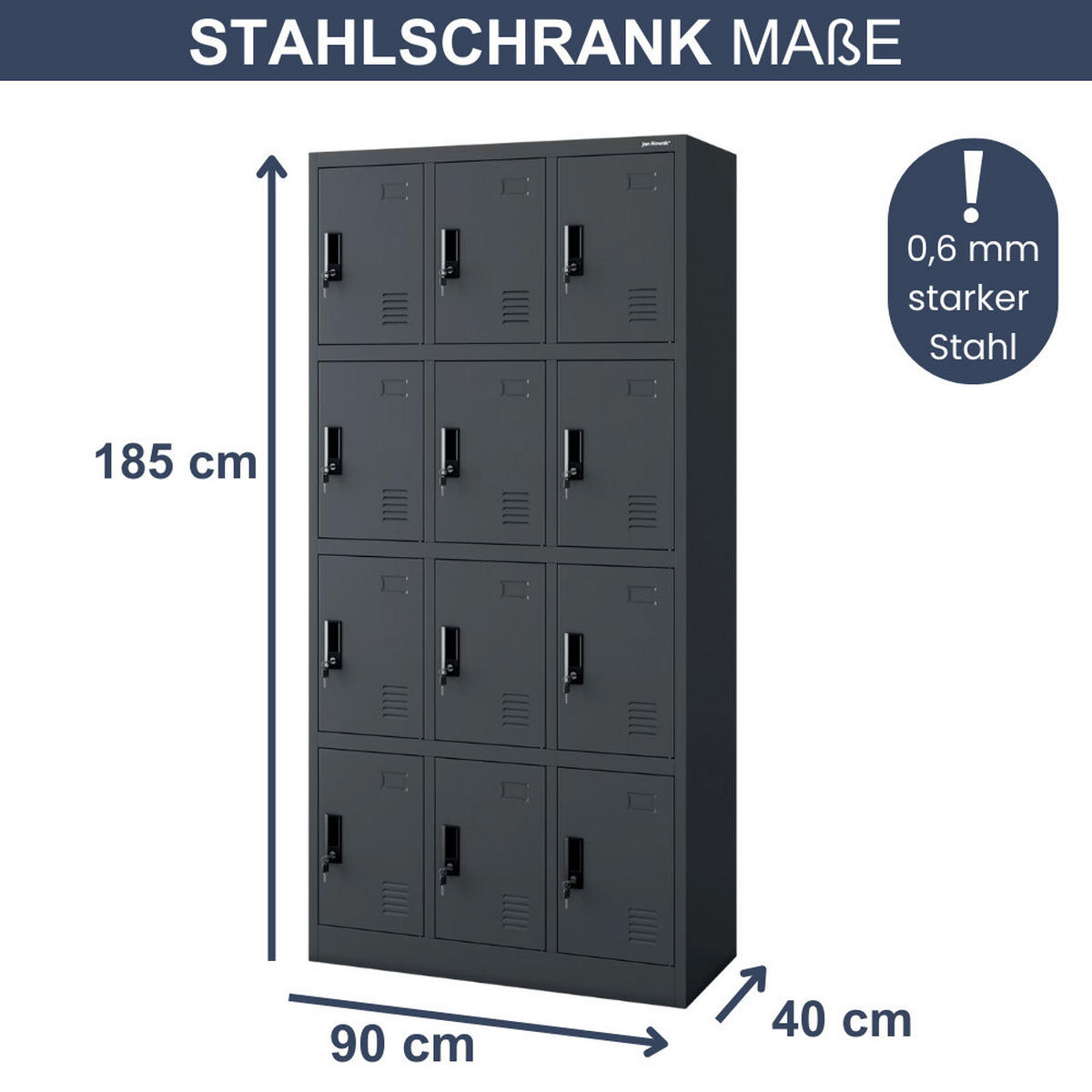 SCHLIESSFACHSCHRANK Spind BERN 12 Fächer185x90x40cm Anthrazit - Anthrazit, Metall (90/185/40cm) - DELUKE
