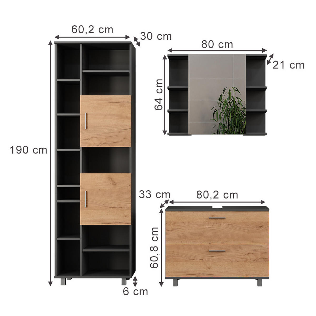 KOUPELNOVÝ NÁBYTEK Ilias Zlatý dub power/antracit - medově dubová/antracitová, kompozitní dřevo (80.2/60.8/33cm) - Vicco