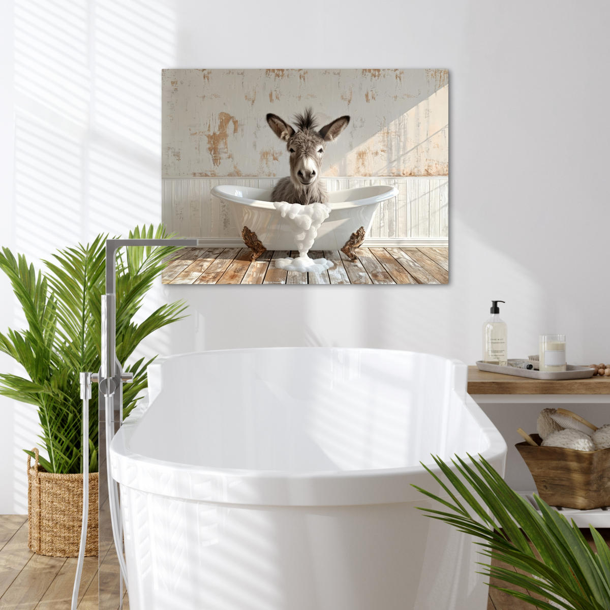 LEINWANDBILD Esel - Tiere - Badewanne - Schaumstoff Wandbilder 80x60 cm - Weiß, Textil (80/60cm) - MuchoWow