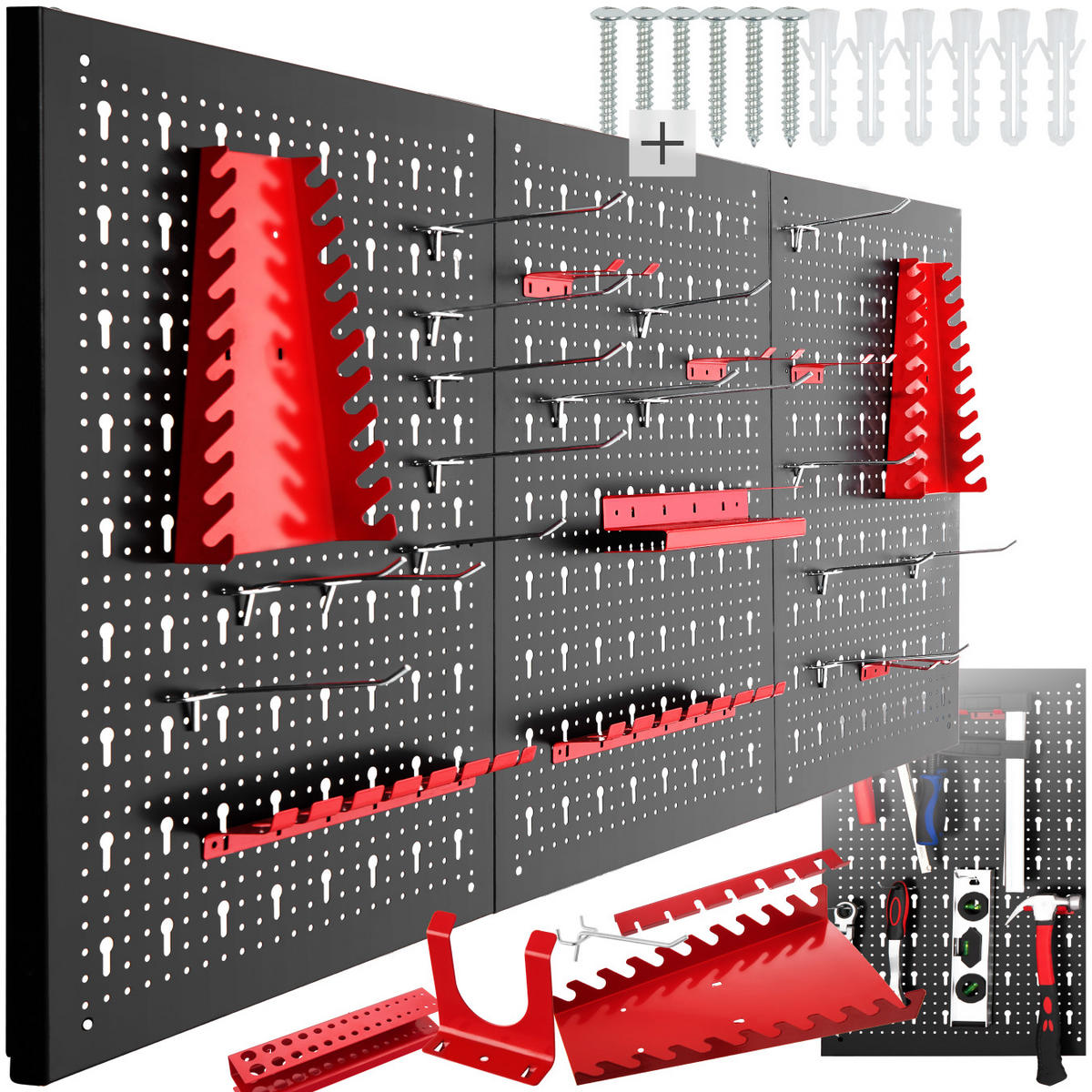 WERKZEUGLOCHWAND ,120 x 3 x 60 cm,schwarz/rot - Rot/Schwarz, Metall (120/60/2cm) - tectake