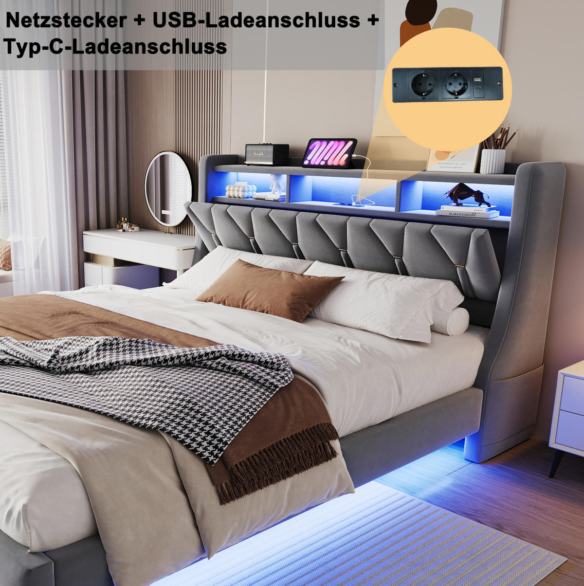 ČALOUNĚNÁ postel 180/200 cm šedá z sametu s LED osvětlením, USB a úložným čelem - šedá, kompozitní dřevo (180/200cm) - OKWISH