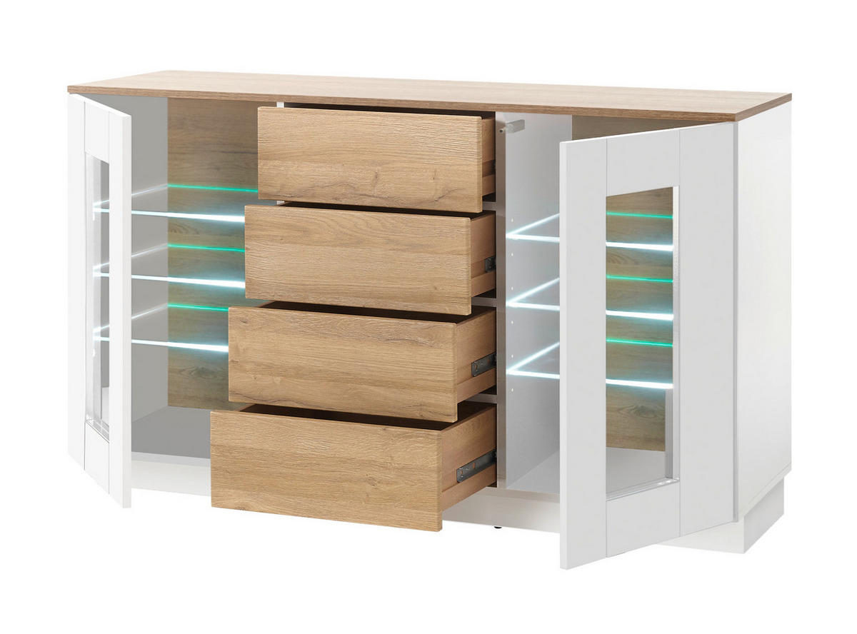 SIDEBOARD weiß Hochglanz, Grandson Eiche, Kommode 136 x 85 cm - Weiß Hochglanz/Eichefarben, Holzwerkstoff (136/85/43cm) - Furn.Design