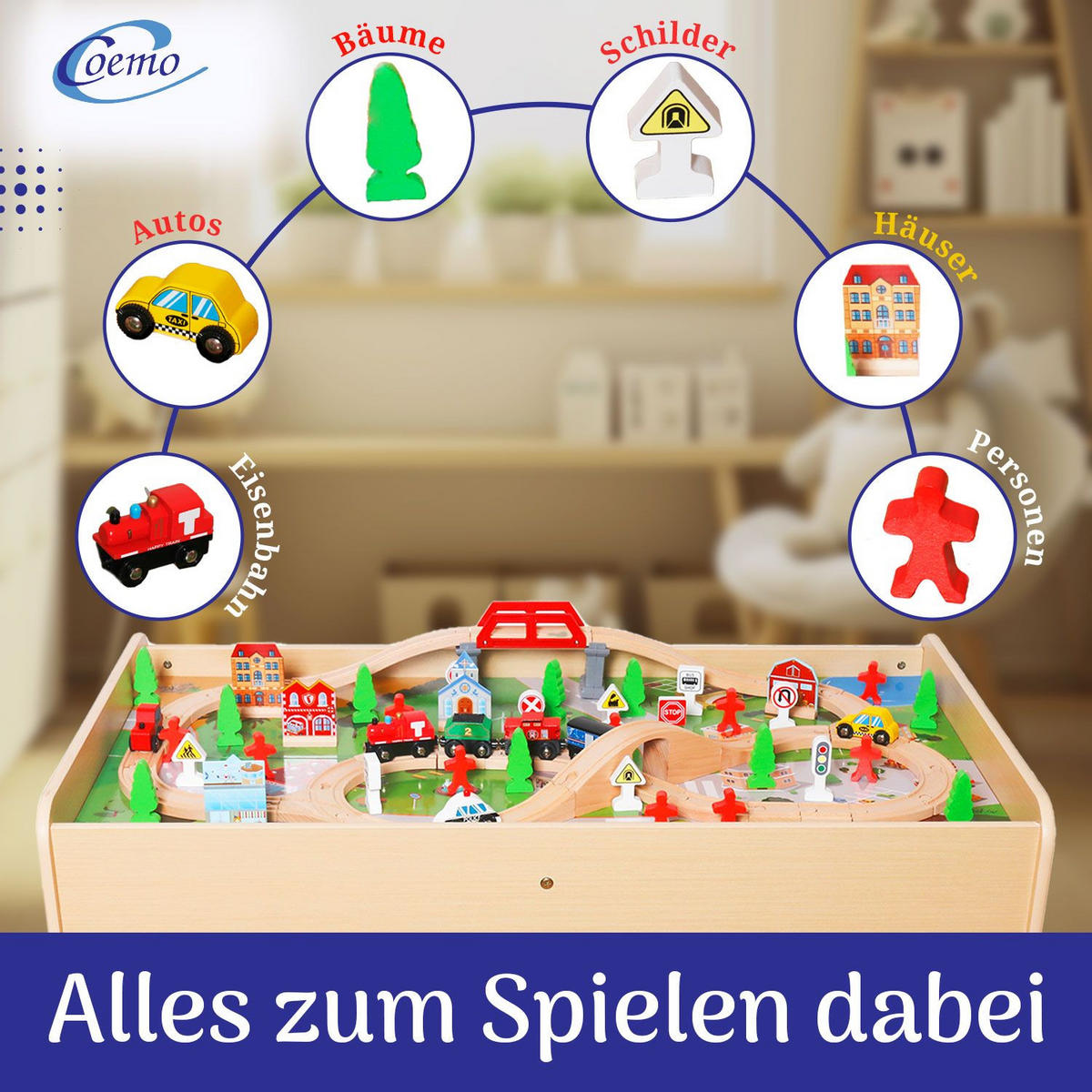 SPIELTISCH MIT HOLZEISENBAHN 90-tlg. Set Tisch Farbe Natur - Naturfarben, Holzwerkstoff (57/98cm) - Coemo