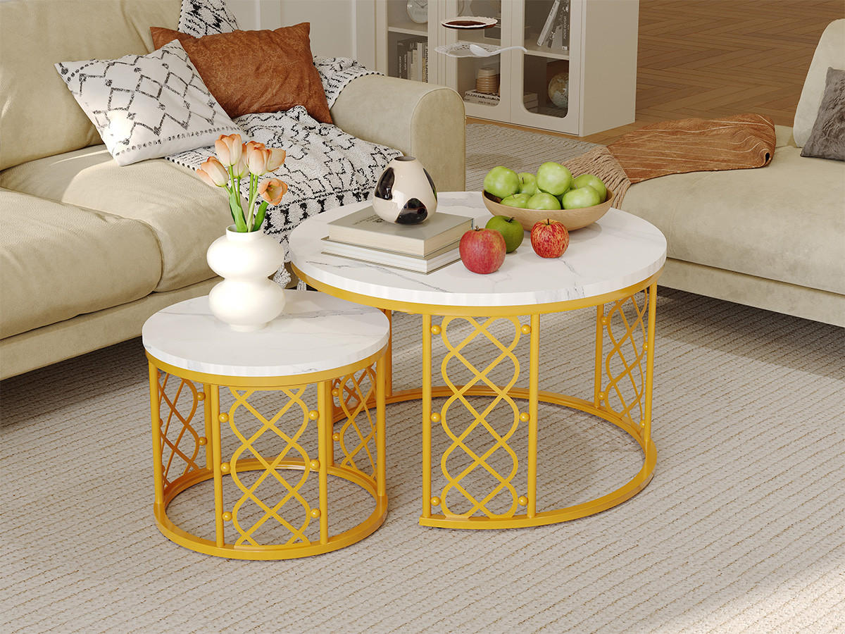 COUCHTISCH 2er-Set mit Nesting-Funktion MDF in Marmoroptik - Goldfarben, Metall (70/70/45cm) - Beauniv