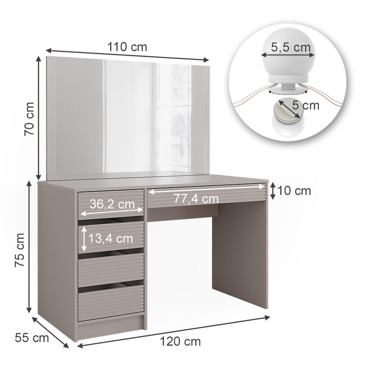 SCHMINKTISCH Sherry Cashmere 120 cm mit Spiegel & LED-Beleuchtung - Kaschmir, Holzwerkstoff (120/75/55cm) - Vicco