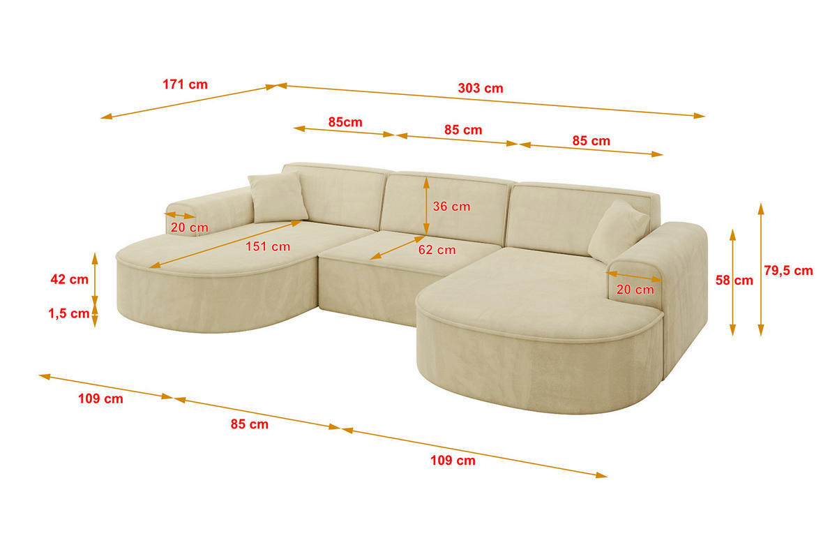 WOHNLANDSCHAFT MARI-U1 - 303x171x79 cm Beige Velours - Beige/Schwarz, Holzwerkstoff/Kunststoff (303/79/171cm) - ALTDECOR