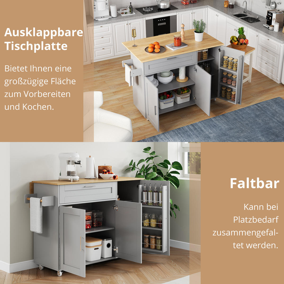 KÜCHENWAGEN 132.5x70x90cm Grau Spanplatte mit Klappplatte & Schublade - Grau, Holzwerkstoff (132.5/90/70cm) - Modfu